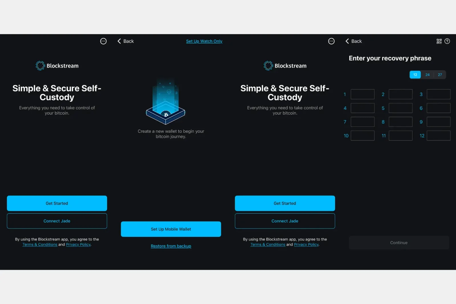 Schermen van Blockstream Green met Get Started, Restore from backup en de invoer van de herstelzin