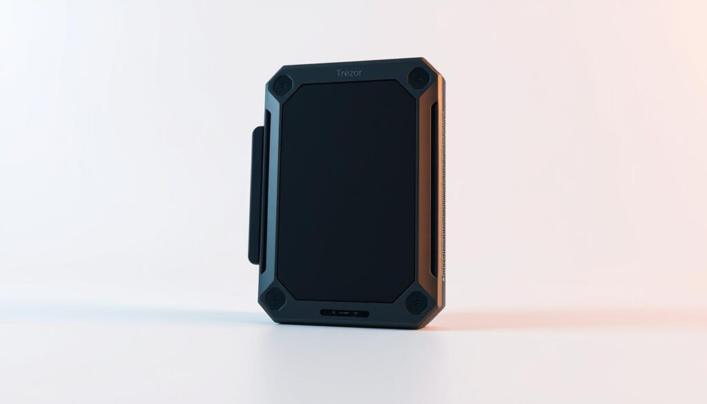 A detailed 3D render of a Trezor hardware wallet, showcased against a clean and minimalist background. The wallet is positioned in the center, with a focused and well-lit frontal view, capturing its sleek and sturdy design. The surrounding environment is simple and uncluttered, allowing the device to be the central point of attention. Subtle highlights and reflections on the wallet's surface convey a sense of premium quality and craftsmanship. The overall mood is one of calm, professionalism, and emphasis on the Trezor's key features and capabilities as a secure cryptocurrency storage solution. A detailed 3D render of a Trezor hardware wallet, showcased against a clean and minimalist background. The wallet is positioned in the center, with a focused and well-lit frontal view, capturing its sleek and sturdy design. The surrounding environment is simple and uncluttered, allowing the device to be the central point of attention. Subtle highlights and reflections on the wallet's surface convey a sense of premium quality and craftsmanship. The overall mood is one of calm, professionalism, and emphasis on the Trezor's key features and capabilities as a secure cryptocurrency storage solution.
