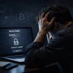 man zit gefrustreerd achter een laptop waarbij het scherm zegt dat zijn bitcoin is opgesloten.