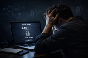 man zit gefrustreerd achter een laptop waarbij het scherm zegt dat zijn bitcoin is opgesloten.