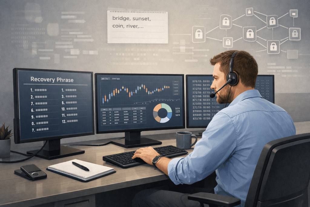 Medewerker achter de computer, probeert een herstelzin te herstellen.