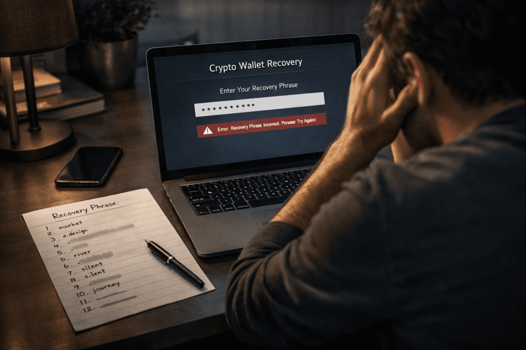 Man gefrustreerd achter een laptop omdat zijn crypto wallet herstelzin niet werkt