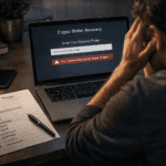 Man gefrustreerd achter een laptop omdat zijn crypto wallet herstelzin niet werkt